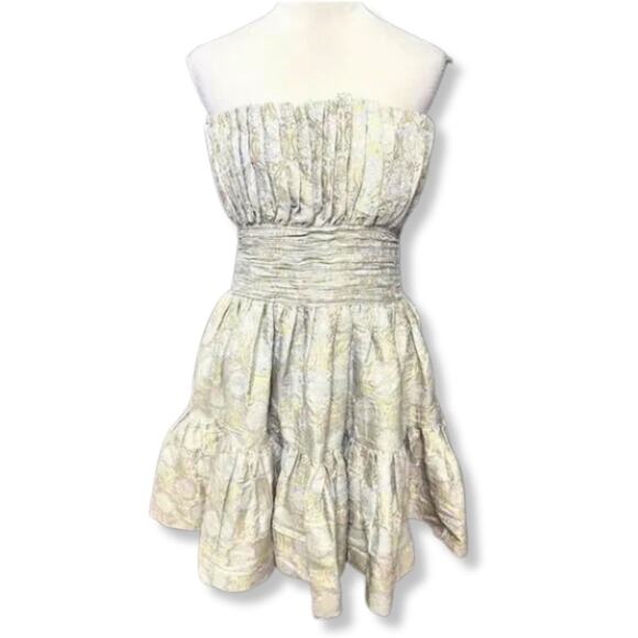ByTimo A-Line Mini Dress Ruffled Hem Strapless Floral Brocade Blue Gold L NWOT - Picture 1 of 8